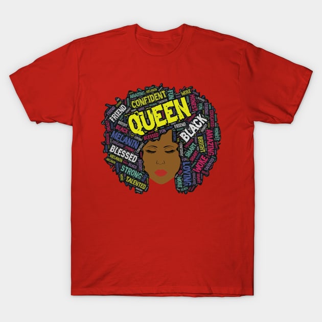 Black Queen Afro Words in Hair T-Shirt by blackartmattersshop